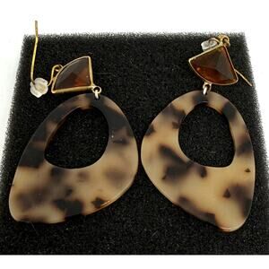 Tortoise Shell Amber Resin Dangle Earrings Geometric Statement Goldtone Boho Mod